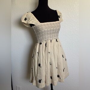 Free People dress | XS | tan & black square neck mini dress | Tory embroidered